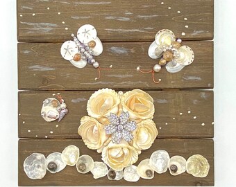 Seashell Roses, Vintage Broach & Butterflies Wall or Shelf display Handmade Coastal Cottage Beach Farmhouse Coastal Decor