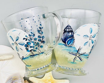 Coastal Cottage Ocean Blue Cappuccino Coffee Glass Mug Hand Painted Frosted Sand Dollar Starfish Beach Grass Buy 1 or Several  Perfect Decor