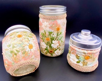 Mason Jar Set Dried Flowers, Vintage Style Home Decor Garden Lovers Decor Gift Mason Jar Accessories,Organizer, Bathroom Decor Storage