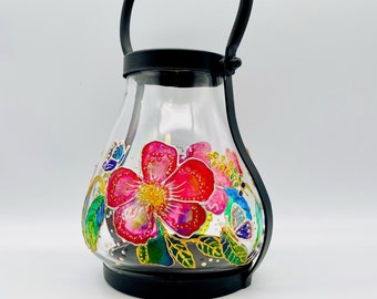 Lantern Poppies Hand Painted on a Tea-light Hurricane Shaped Lamp in Vintage Style w/Fairy lights & Can hold a Candle Home Porch Decor