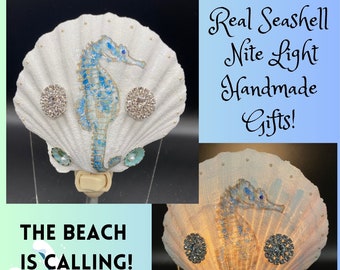 Seahorse Scallop Shell Night Light for Coastal Cottage Beach House Ocean Nursery  Key West and Island Decor