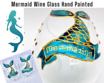 Mermaid Tail Mer-Mazing Wine Glass Hand Painted Coastal Cottage Beach Oceancore Decor Barware Buy one or More Mermazing Gift Idea