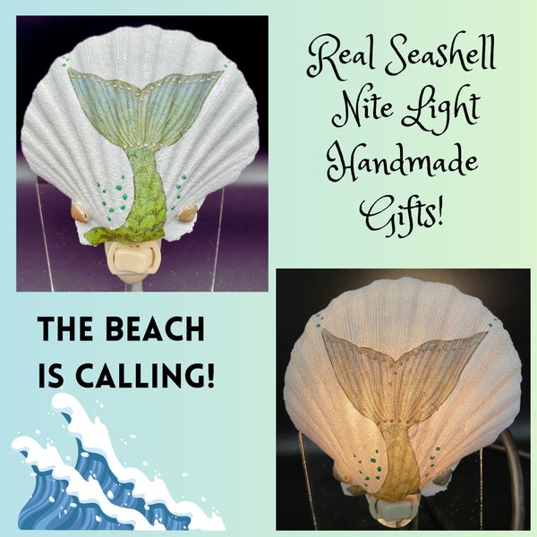 Mermaid Tail Night Light Scallop Sea Shell for Coastal Cottage Beach House Ocean Key West and Island Decor Glitter Sparkle