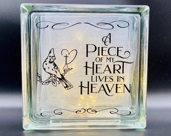 Memorial Glass Block Night Light Cardinal With Message A Piece of My Heart Lives in Heaven Premium Vinyl Personalizable