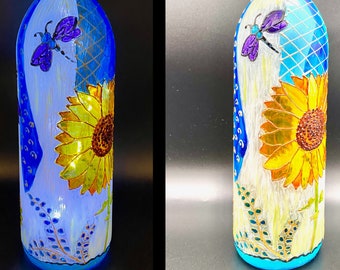 Night Light Decorative Lamp Hand Painted Sunflower Dragonfly Botanical Wine Bottle Stained Glass Vintage Style Garden Home Porch Decor