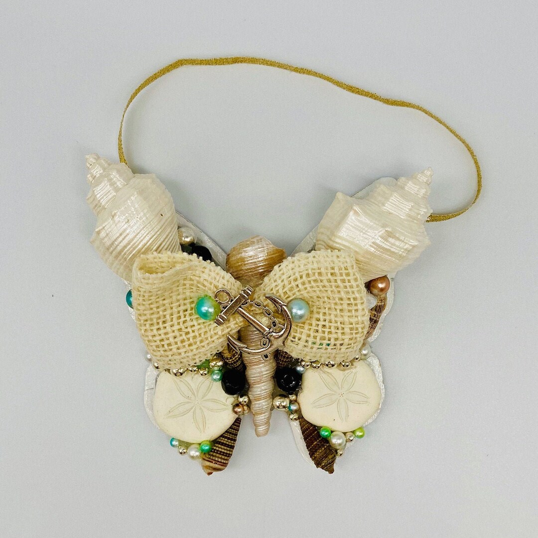 Seashell White Butterfly Ornament Large Size Coastal Cottage, Farmhouse