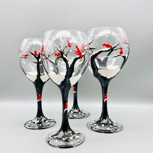 Red Cardinal Wine Glass Snow Trees Hand-painted Winter Wonderland  Home Decor & Gift for Family Loved One's