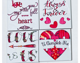 4 Coaster Set Love Quotes Large 4.25in Square Homemade Gift for Lovecore Aesthetic