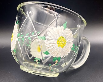 Daisy Mug Hand Painted Vintage Home Decor Style Flowers & Lattice  Tea / Coffee Soup Large HandPainted Glass GrandMa Chic Style