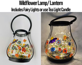 Lantern Wildflowers Hand Painted on a  Vintage Style Tea-light Hurricane Shaped Lamp Includes Fairy lights & Can hold a Candle Home Decor