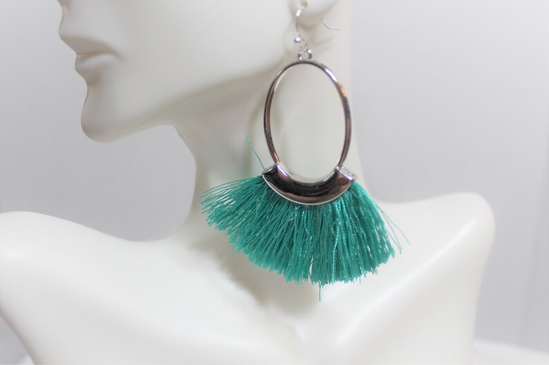 Women/'s Silver Oval with Green Tassels Earrings Women/'s Jewelry Gift for Her Long Earrings with Tassels Green Earrings