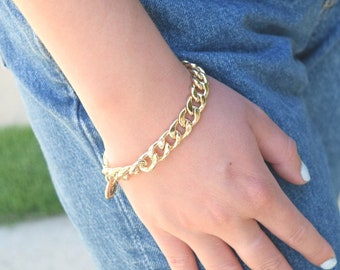 Nautical Gold Chain Bracelet with Buoy Spring Ring. 10kt Gold Plated Curb Chain Bracelet, Thick Gold Chain, Love You More Gift for Her