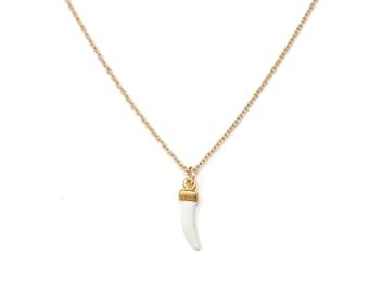 Tiny Gold Necklace w/ White Horn Charm, Italian Horn Necklace, 10K Gold Plated Chain and Good Luck Charm, Dainty Jewelry Gift for Her