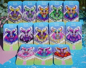 Rainbow Pride Moth LGBTQIA+ Épingles acryliques || Épingles de papillon de nuit Kawaii