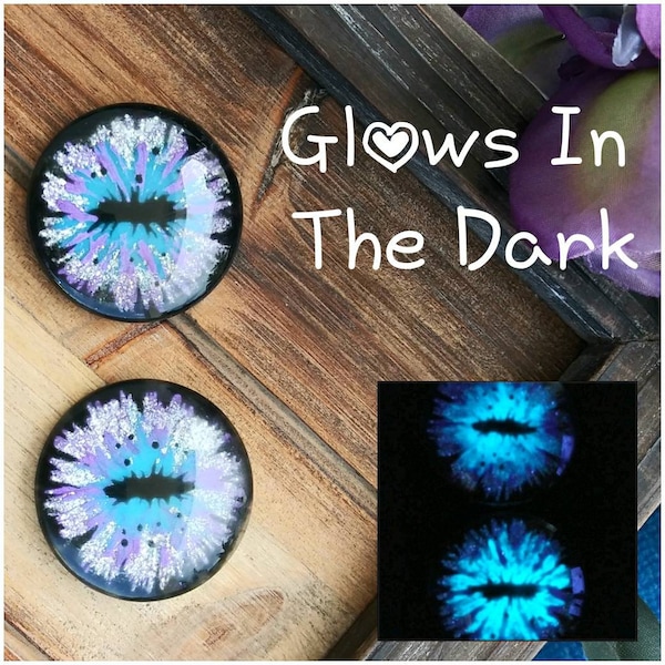 634 Purple Blue and Silver Glowing Eyes, Hand Painted Glass Eyes, Glow In The Dark, 20mm 25mm 30mm 35mm 40mm 45mm 48mm 50mm +other sizes