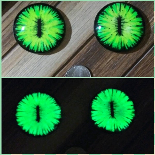 604 Green and Yellow Glowing Eyes, Hand Painted Glass Eye Chips, Glow In The Dark, 8mm 10mm 14mm 18mm 20mm 25mm 30mm 35mm 40mm 45mm 48mm