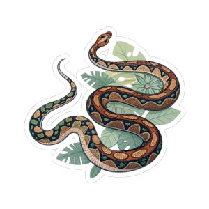 May include: A die-cut sticker featuring a coiled snake with intricate orange, brown, and dark blue geometric patterns on its scales. The snake is positioned over a cluster of light green tropical leaves and a single pale pink flower.