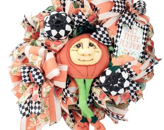 Black and white Fall Pumpkin wreath,  Harlequin pumpkin decor, Halloween front door wreath, Fall porch decoration, Welcome Fall Wreath