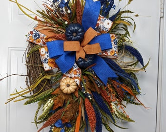 Fall wreath, pumpkin wreath, orange and blue decor