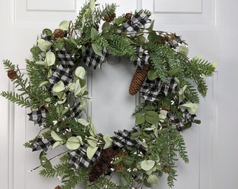 Christmas grapevine wreath, Buffalo plaid wreath, Winter wreath