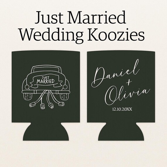 Just Married Wedding Koozies – Custom Bride & Groom Name Favor – Personalized Can Cooler – Rustic Wedding Favor – Date Included