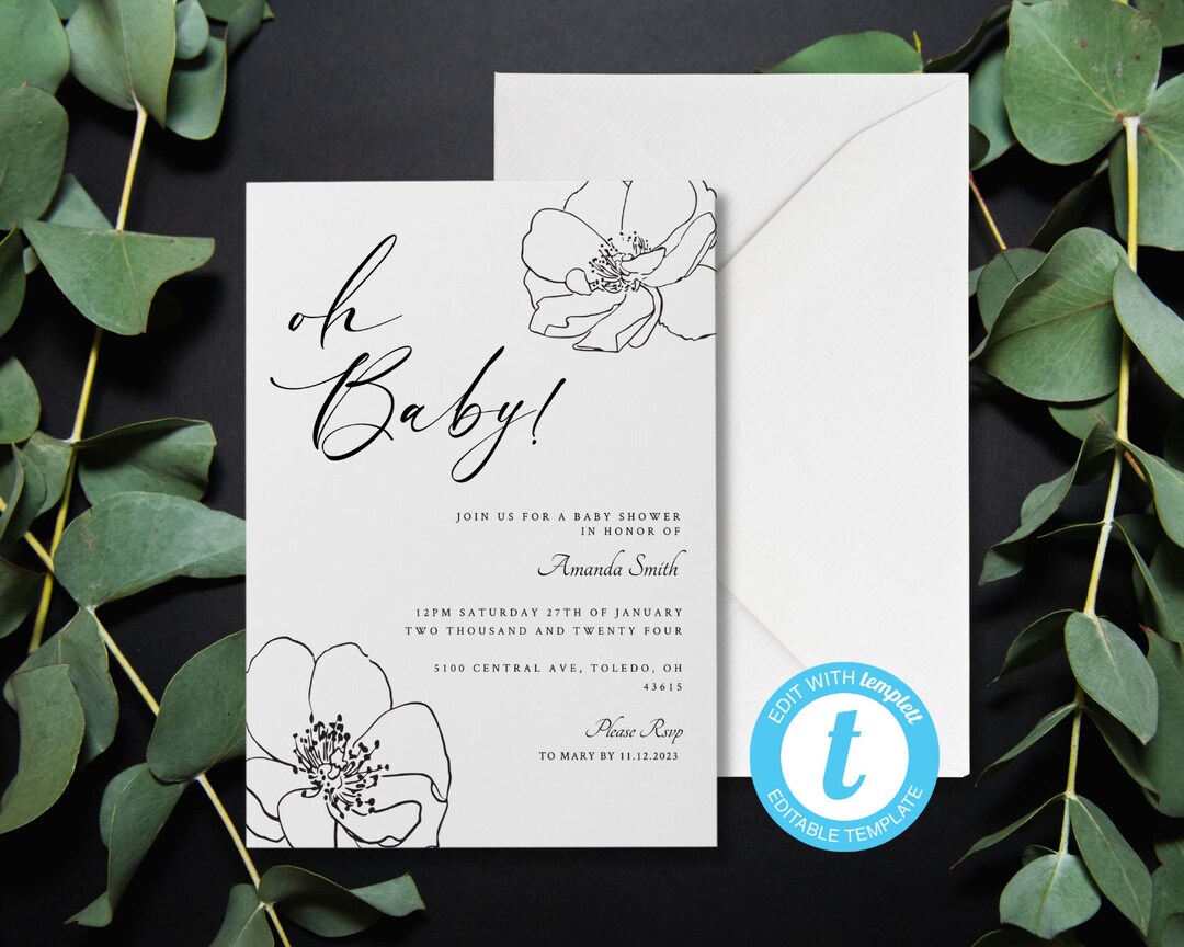 Minimalist Simple Baby Shower Invitation Instant Download Black White