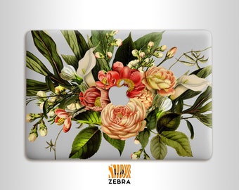 Impression florale ikebana de roses jaunes, de lys corail et de fleurs de calla blanches sur la coque en plastique dur transparent du MacBook Air 13 du MacBook Pro 13 14 15 16