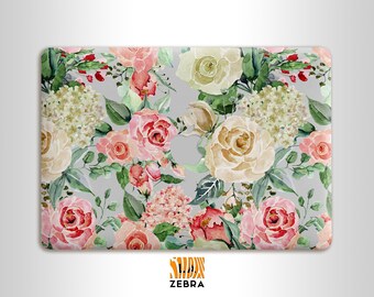 Des fleurs blanches et roses sur l'étui en plastique dur transparent pour MacBook MacBook Air 13, un MacBook Pro 13 14 15 16, un modèle à puce M1 M2 M3