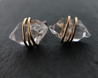 Herkimer Diamond Stud Earrings, Herkimer Post Earrings, Wire Wrapped Herkimer Gold Earrings, Minimalist Gold Earrings, Gold Boho Earrings