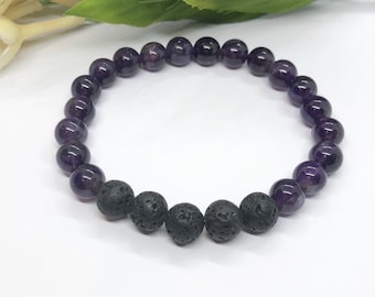 Genuine Amethyst Essential Oil Diffuser Bracelet, Diffuser Bracelet, Lava Bracelet, Lava Bead Bracelet, Amethyst Bracelet, Amethyst Jewelry