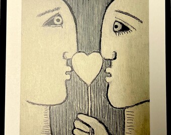 Art Postcard 'Two white heads with grey textured background'