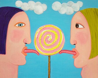 Art Postcard 'purple hair, green hair, two girls licking a lollipop'