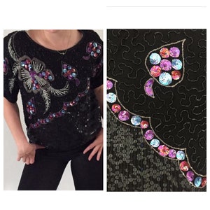 Vintage 100% Silk Sequin Top Disco - Vintage Clothing outfit sparkle going out bachelorette sexy club party vtg sparkly casino black 80s