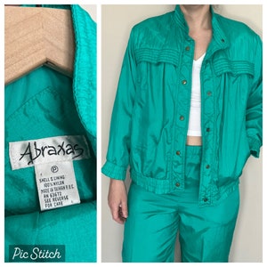 Chándal vintage de mujer de los años 90 chaqueta verde azulada pantalones cortavientos conjunto turquesa a juego de la década de 1990