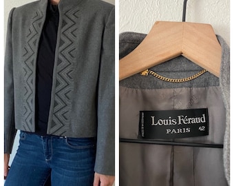 80er Jahre Designer Open Front Jacke bestickt Louis Feraud greyParis Damen Vintage Kleidung Blazer