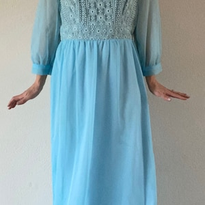 1970s sky blue dress light vintage outfit long maxi size medium crochet Easter pastel boho hippie party wedding guest 70s sheer women’s prom