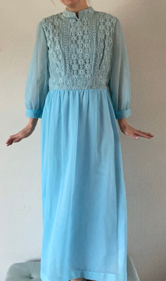 1970s sky blue dress light vintage outfit long maxi size medium crochet Easter pastel boho hippie party wedding guest 70s sheer women's prom