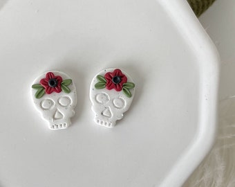 Skeleton Stud Earrings  // Red Flower Skeleton Earrings // Halloween Clay Earrings // Clay Skeleton Earrings // Dia De Los Muertos Earrings