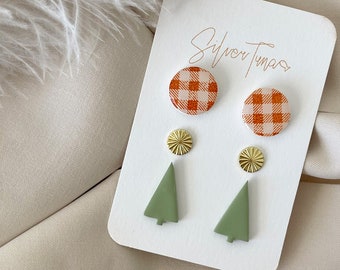 Gingham and Tree Stud Set  // Gingham Earrings // Holiday Earring Set // Clay and Brass Earrings // Clay Earring Stud Set // Tree Earrings