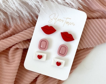 Valentine Polymer Clay Earring Set // Lips and Love Letter Stud Pack // Valentine Earring Set // Love Note Earrings // Red Lip Earrings