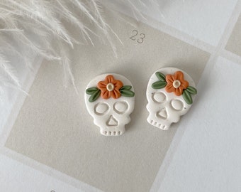 Skeleton Stud Earrings  // Flower Skeleton Earrings  // Halloween Clay Earrings // Clay Skeleton Earrings // Dia De Los Muertos Earrings