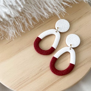 Two-Tone Red and White, Textured Oblong Donut Shape Earrings // Two-Tone Clay Earrings // Dangle Statement Earrings // Textured Earrings image 3