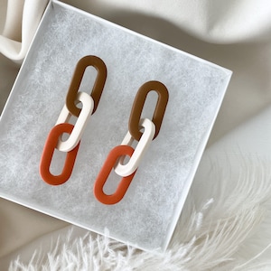 Chain Link Dangle Earrings // Link Earrings // Brown, Cream, Orange Earrings // Neutral Color Earrings // Statement Earrings // Earth Tone image 1