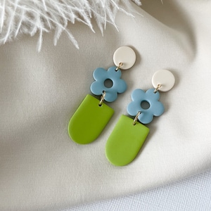 Tiered Blue and Green Clay Earrings // Flower Dangle Earrings // Statement Clay Earrings // Cream, Blue, Green Earring // Retro Flower Style image 1