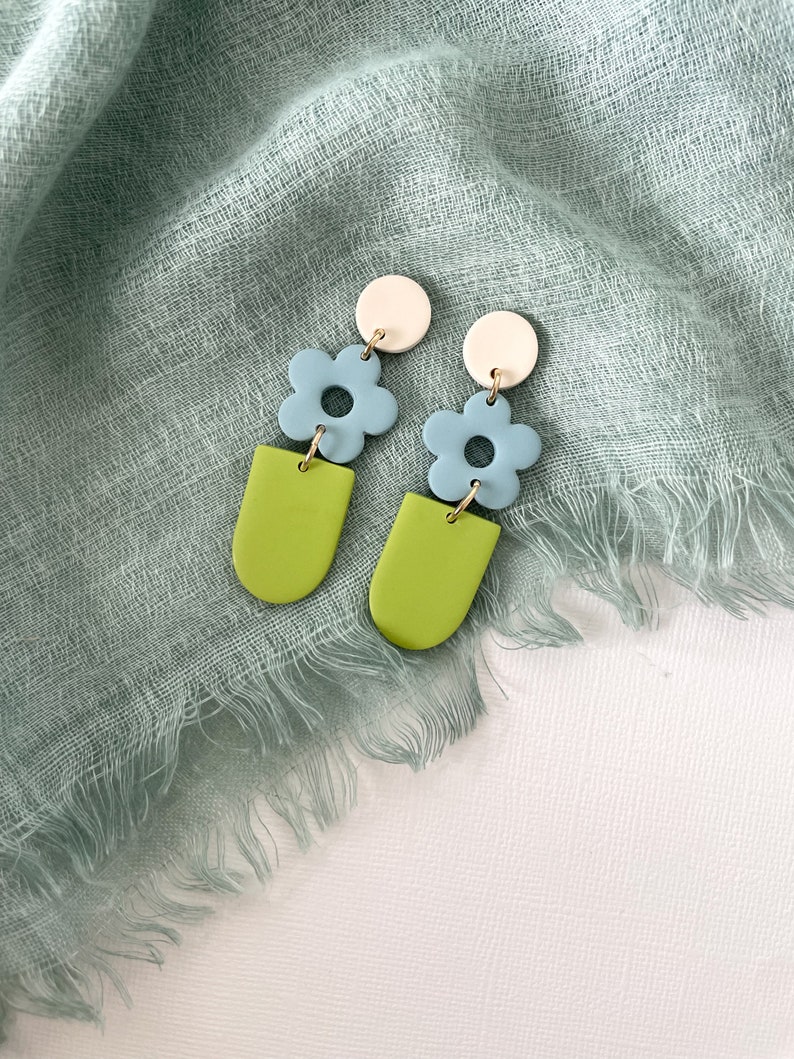 Tiered Blue and Green Clay Earrings // Flower Dangle Earrings // Statement Clay Earrings // Cream, Blue, Green Earring // Retro Flower Style image 2