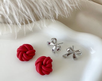 Red Woven Knot Studs and Silver Bow Earring Set // Silver Bow Earrings // Red Knot Earrings // Clay Knot Earrings // Holiday Earring Set