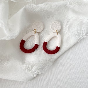 Two-Tone Red and White, Textured Oblong Donut Shape Earrings // Two-Tone Clay Earrings // Dangle Statement Earrings // Textured Earrings image 4