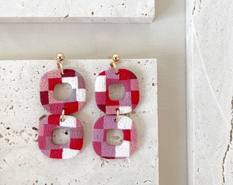 Multicolor Check Square Clay Earrings // Tiered Earrings // Pink and Red Earrings // Patchwork Earrings // Valentine Checker Earrings