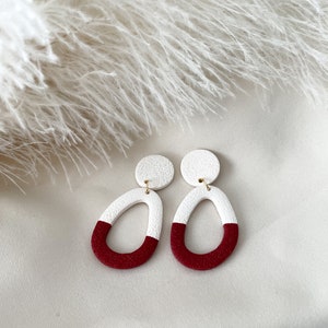 Two-Tone Red and White, Textured Oblong Donut Shape Earrings // Two-Tone Clay Earrings // Dangle Statement Earrings // Textured Earrings image 2