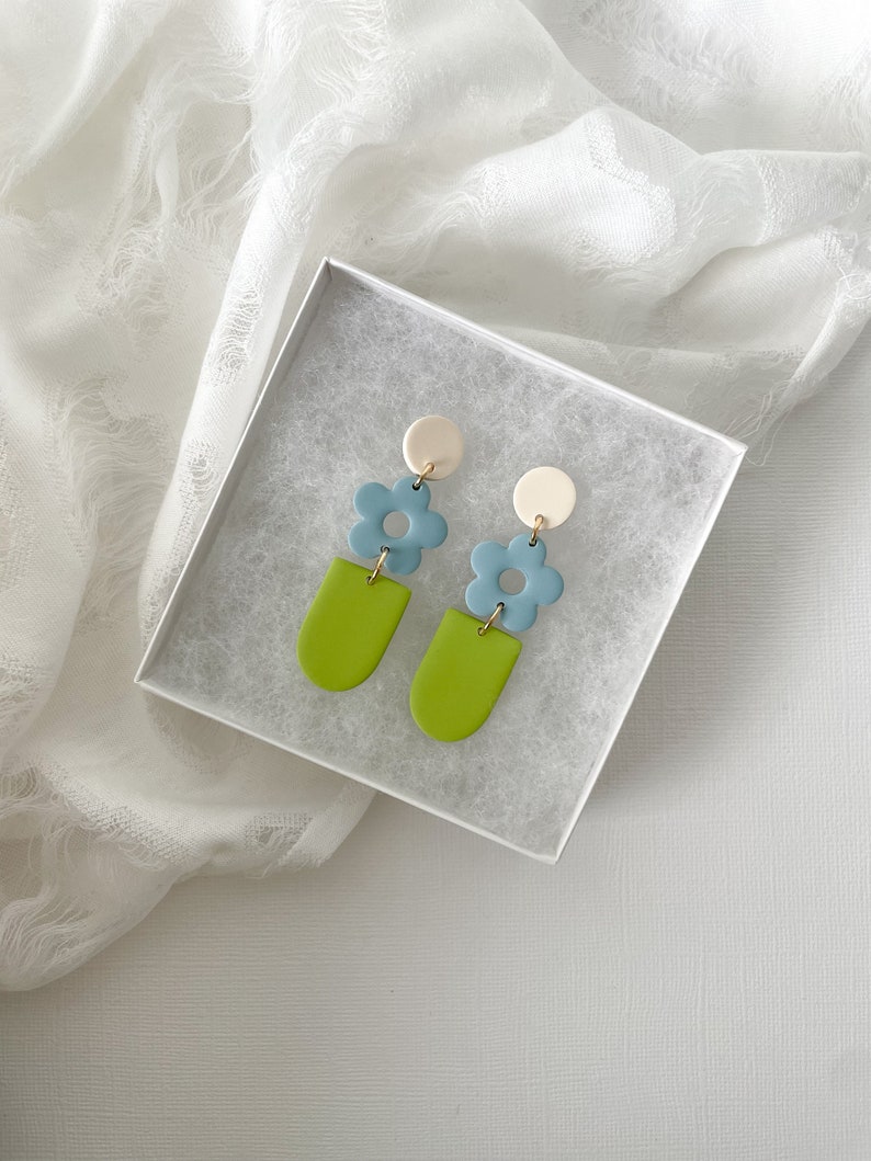 Tiered Blue and Green Clay Earrings // Flower Dangle Earrings // Statement Clay Earrings // Cream, Blue, Green Earring // Retro Flower Style image 4